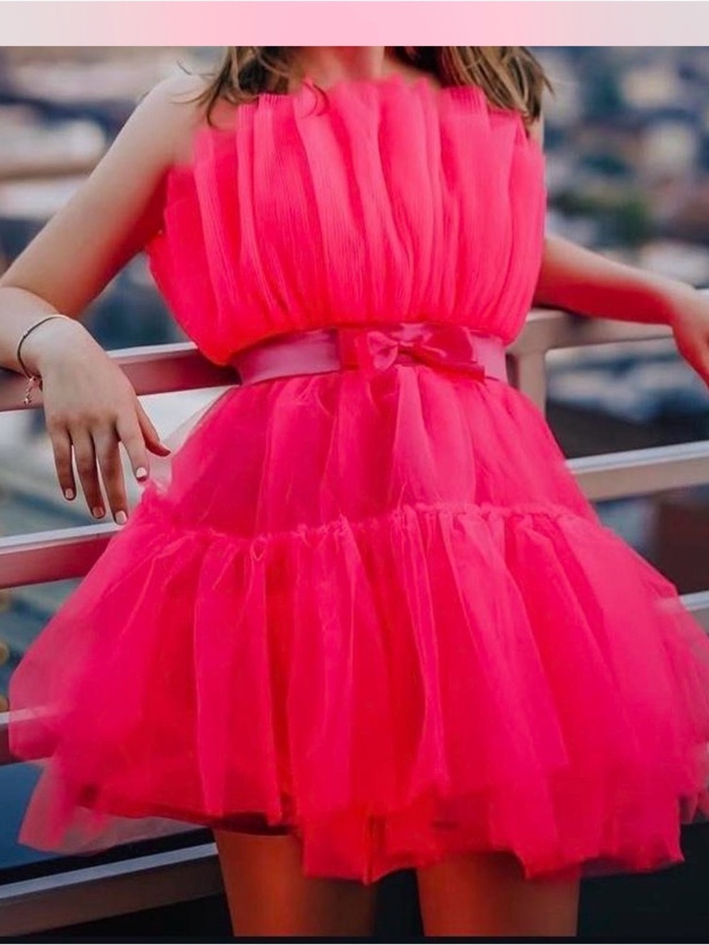 Bright Pink Strapless Tulle Mini Dress with Satin Waist Bow